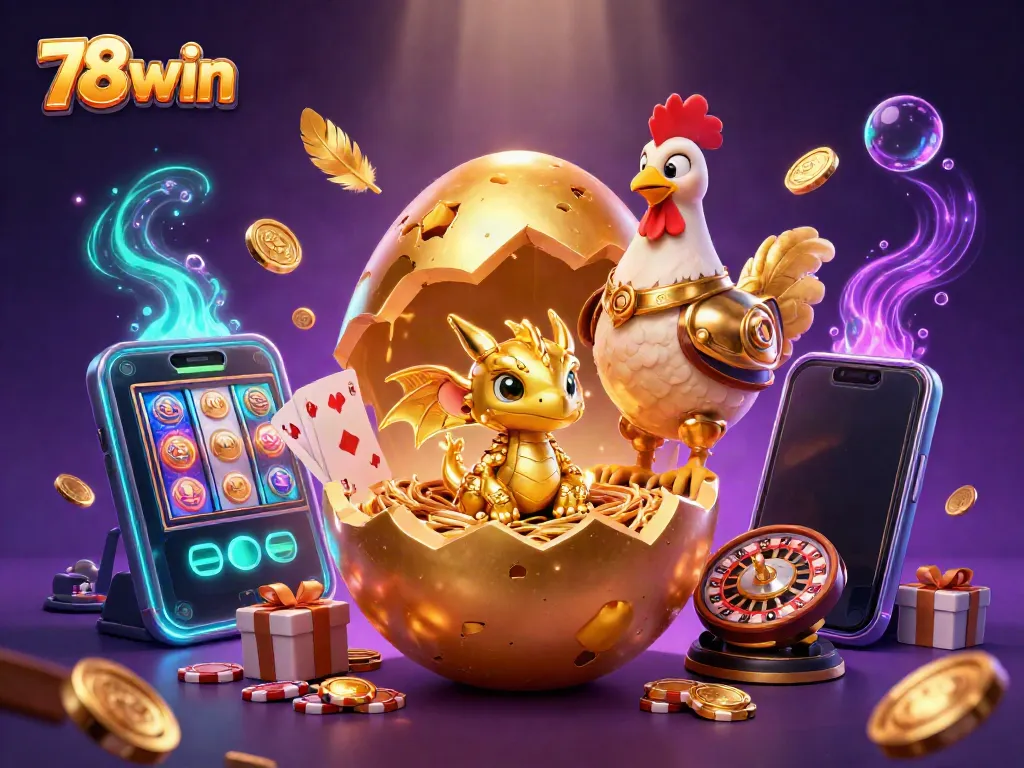 Experience the thrill at 78win with this vibrant, gold-themed casino illustration showcasing gaming excitement.