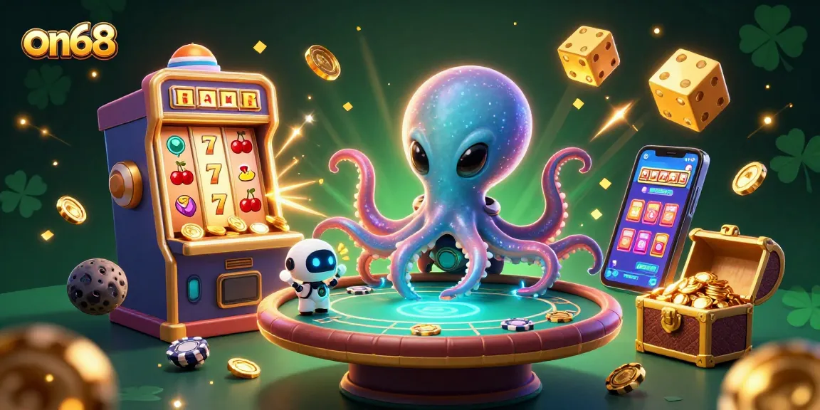 Engaging on68 casino experience with a vibrant 3D octopus and jackpot elements.