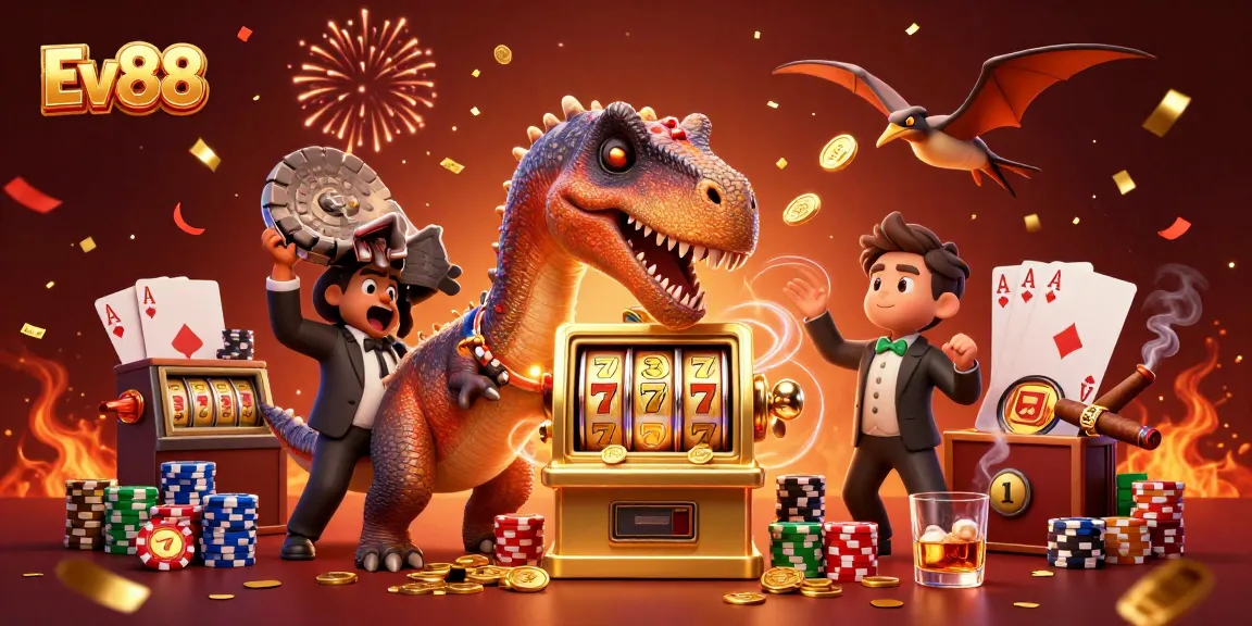 Ev88 brings excitement as a pachycephalosaurus jackpots the slot machine, capturing flying coins.