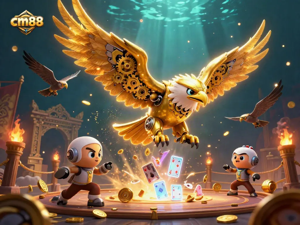 Experience thrilling action at cm88 with diving cyborg eagle and holographic cards in a vibrant casino setting.