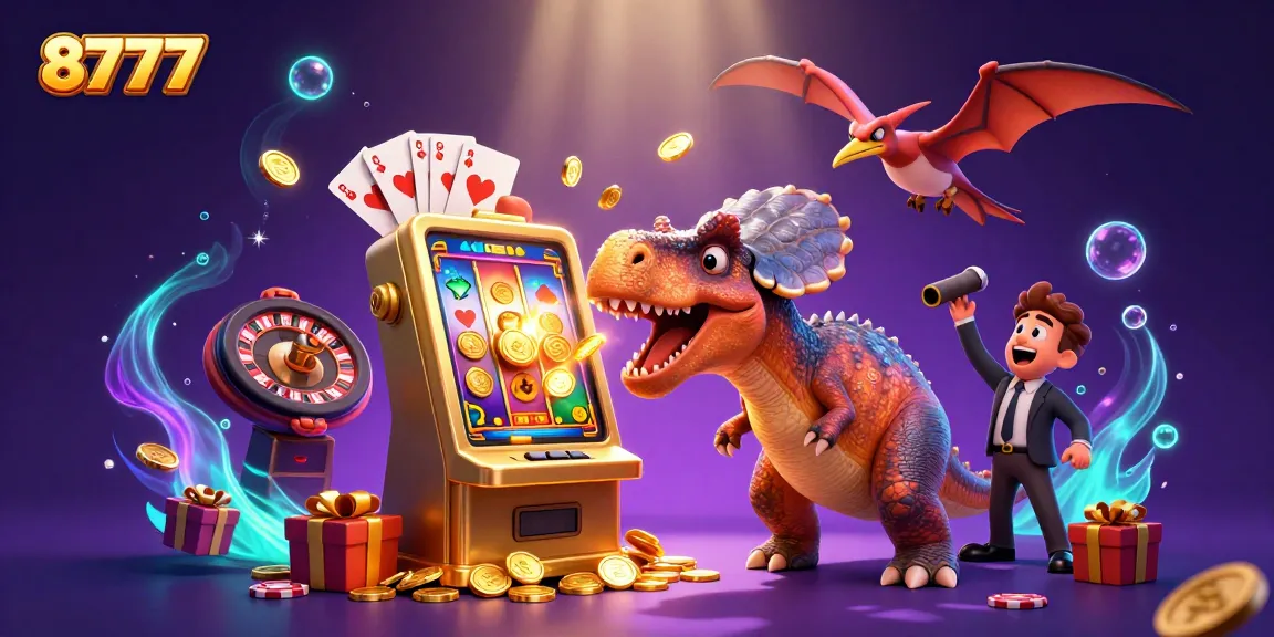 Win big at 8777 as a cartoon pachycephalosaurus triggers a jackpot with flying coins and a fun casino scene.