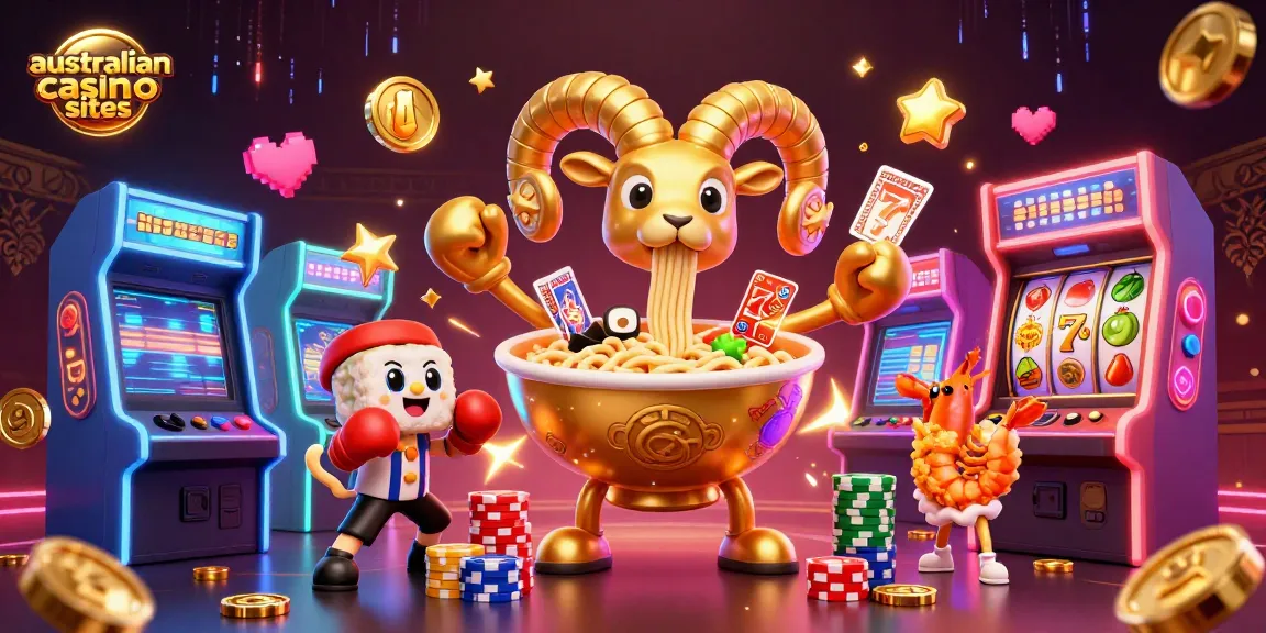 Engage with vibrant australian casino sites featuring a golden ramen bowl dealing cards amidst colorful game elements.