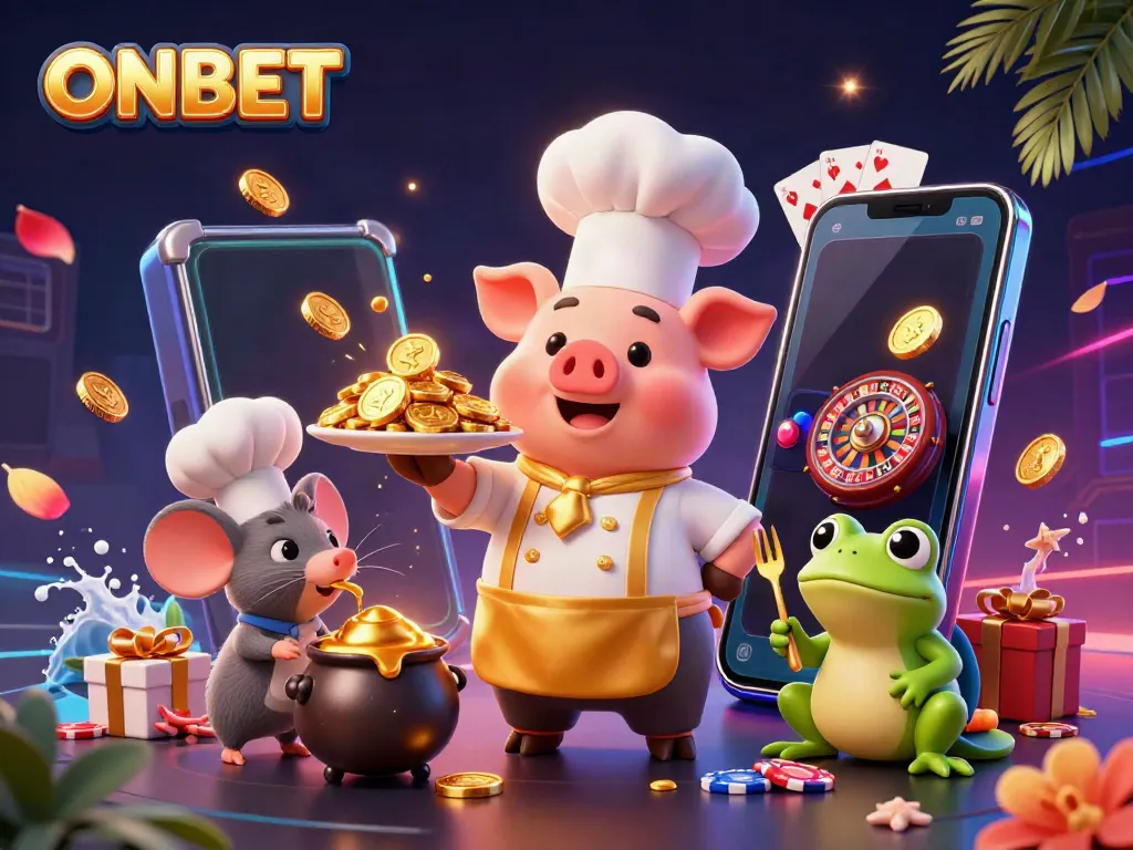 Experience the excitement of ONBET with a rich 3D illustration featuring a pig chef, mouse sous-chef, and frog critic.