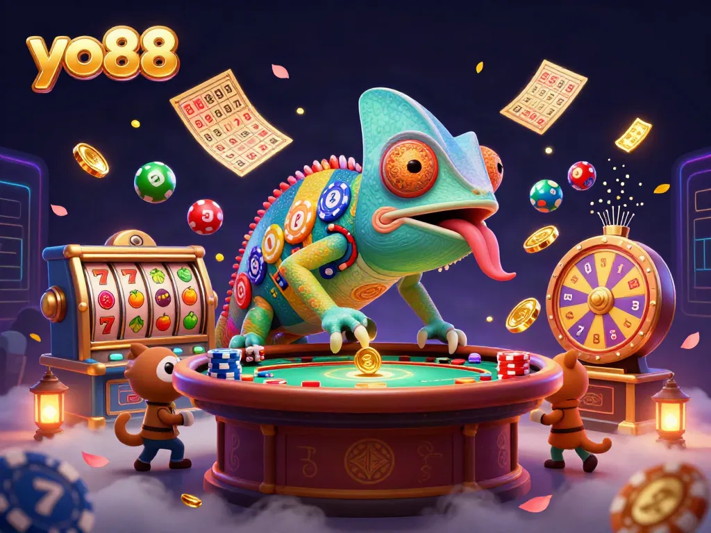 Engage with yo88 casino excitement as the chameleon owner captures winnings in 3D illustration.