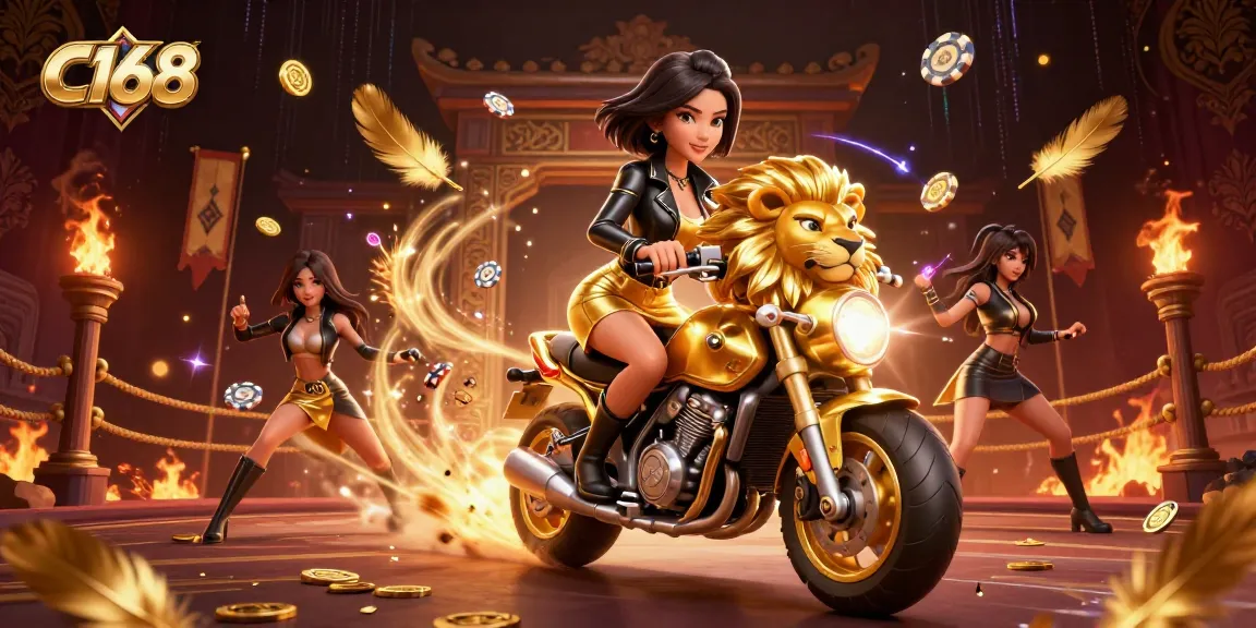C168 casino excitement illustrated with a glamorous Asian woman riding a golden lion mascot amidst energetic gambling elements.