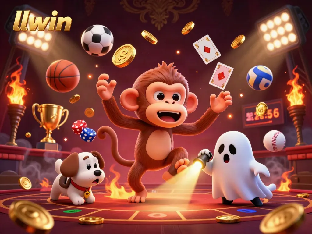 Engage with llwin's thrilling casino scene featuring a playful poltergeist monkey and a curious puppy revealing exciting betting dynamics.