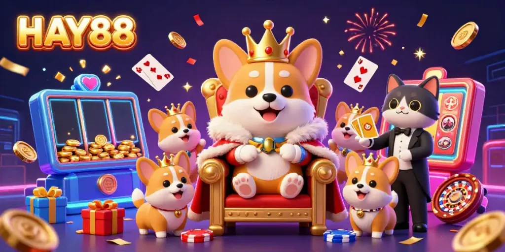 Experience the excitement of HAY88 with a vibrant 3D illustration of a royal corgi on a poker chip throne, surrounded by casino-themed elements.