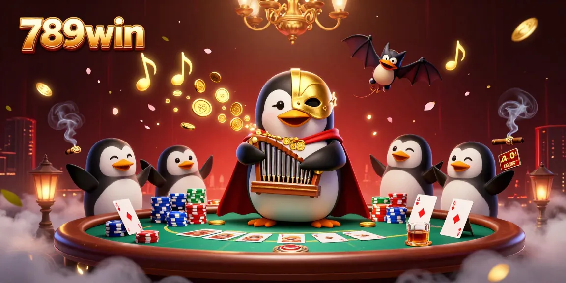 Engage with 789win as the phantom opera penguin plays, shooting golden coins in a vibrant casino scene.