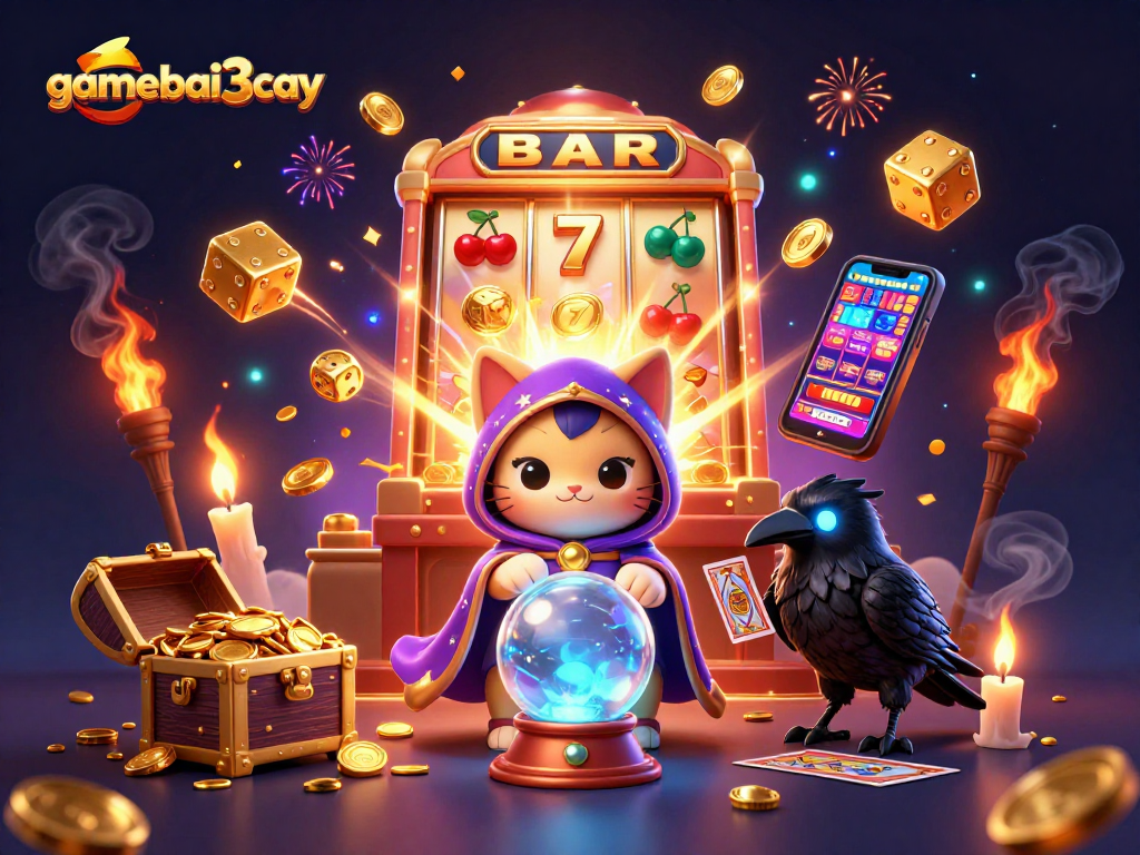 Join the excitement at gamebai3cay with a magical casino adventure featuring dynamic slot machines and glowing symbols.