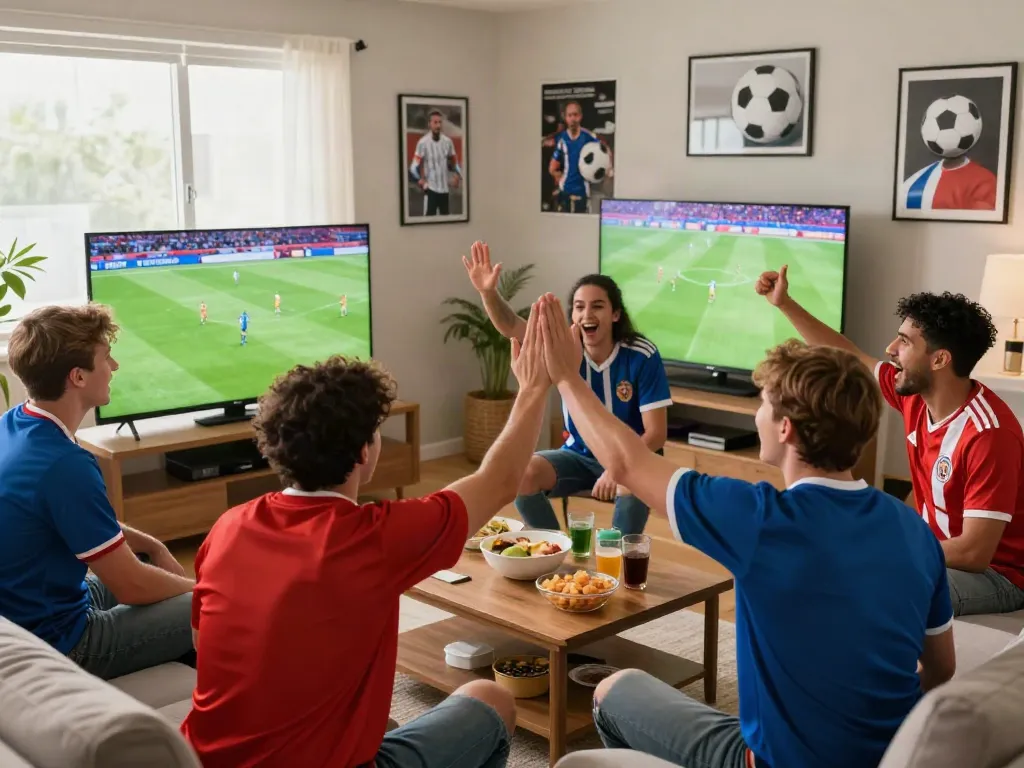 Fans joyfully watching xoilactv live soccer match in a cozy living room.