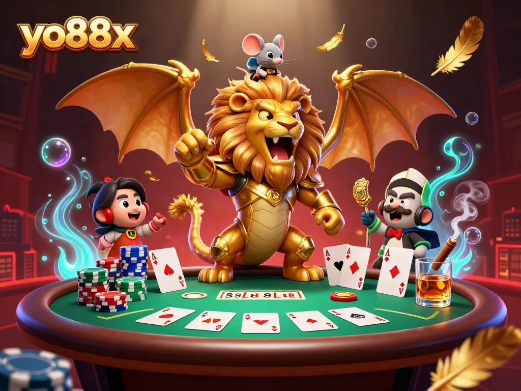 Engage in thrilling bets at yo88x with a dynamic scene showcasing a roaring chimera and poker excitement.