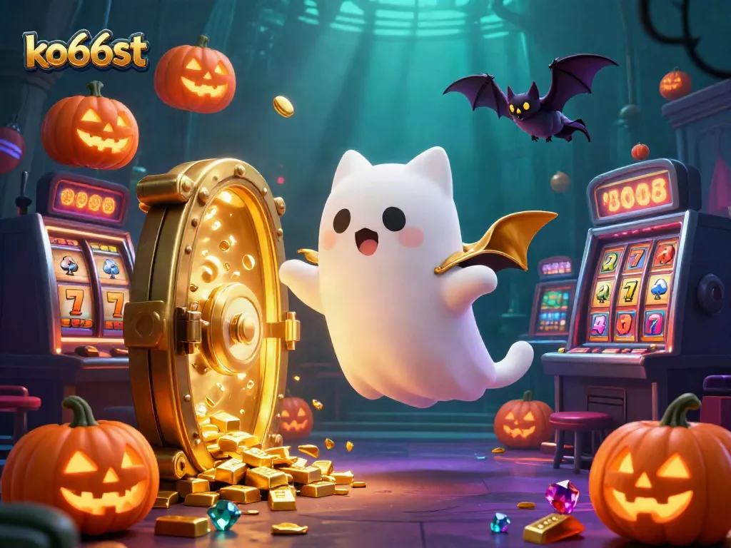 Experience exciting jackpots at ko66st with a ghost cat in a vibrant casino setting filled with treasures.