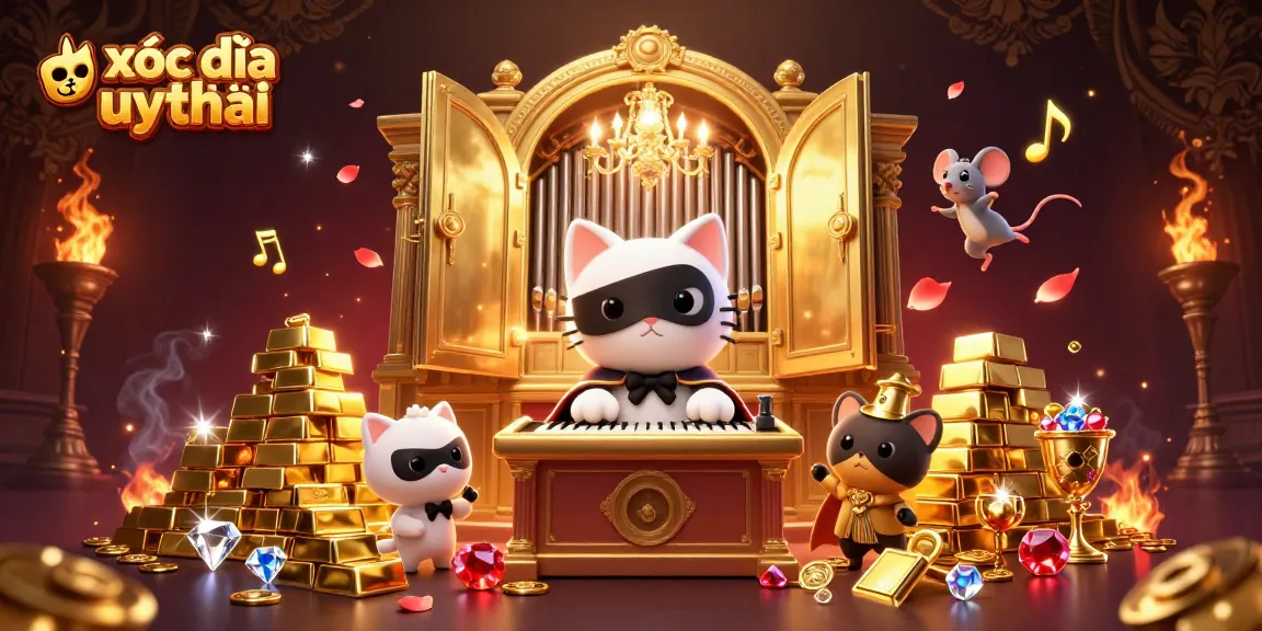 Experience xóc đĩa uy tín with exciting golden treasures and lively acrobat performances in this vibrant illustration.