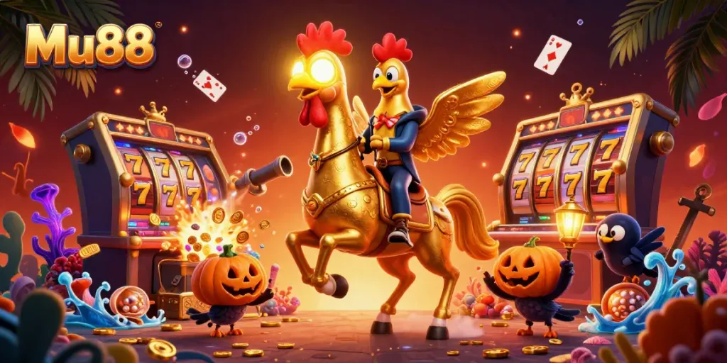 Experience thrilling casino action at Mu88 with a golden rooster and dynamic gaming elements.