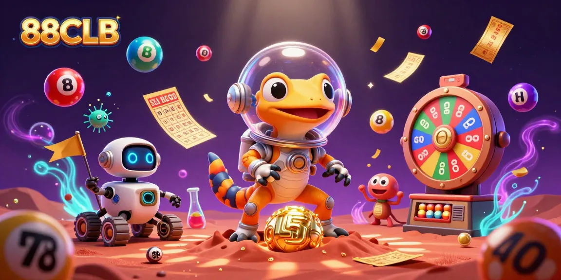 88CLB Martian gecko uncovers a golden casino, surrounded by vibrant gaming elements.