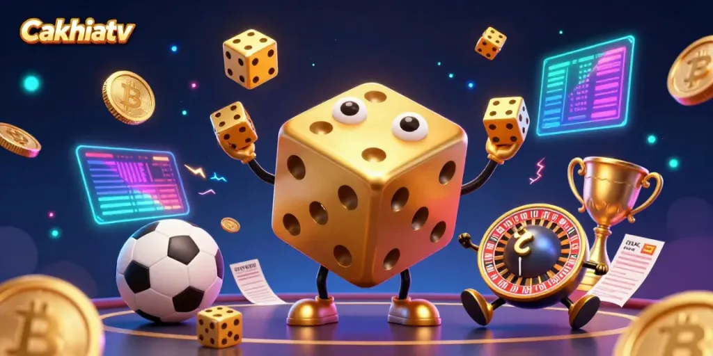 Cakhiatv transforms betting excitement with a dynamic 3D illustration of a golden dice golem and cryptocurrency elements, enriching the online gambling scene.