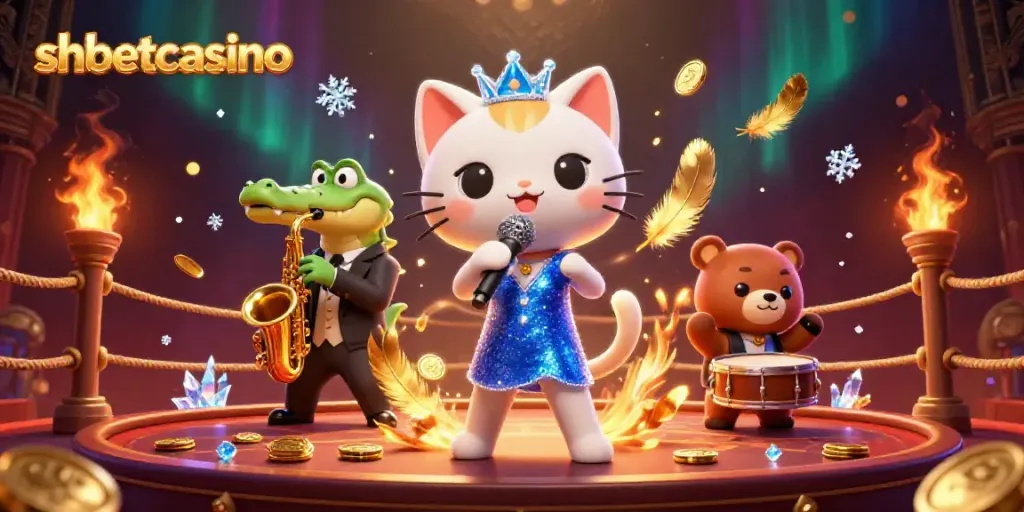Experience the vibrant energy of shbetcasino with a jazz-singer cat and friends performing on stage amidst casino excitement.
