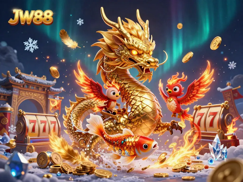 Play exciting games at JW88 with a golden dragon, phoenix, and koi fish among rich casino elements.