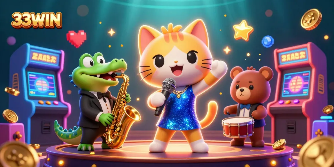 Engage with 33WIN's thrilling gaming scene showcasing a jazzy cat, sax-playing crocodile, and drumming bear in vibrant casino atmosphere.