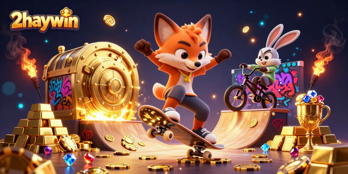 A 3D illustration of a skateboarder fox and BMX rabbit at the 2haywin casino, surrounded by treasures and dynamic gaming elements.
