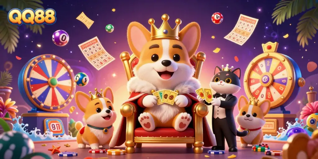 Engage with QQ88's vibrant casino atmosphere full of excitement, featuring a corgi king and lottery elements.