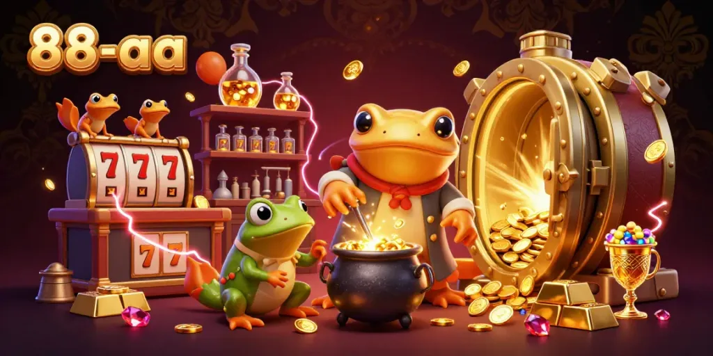 Spin slot reels for big wins with 88-aa's vibrant casino alchemy scene featuring gold coins and treasures.