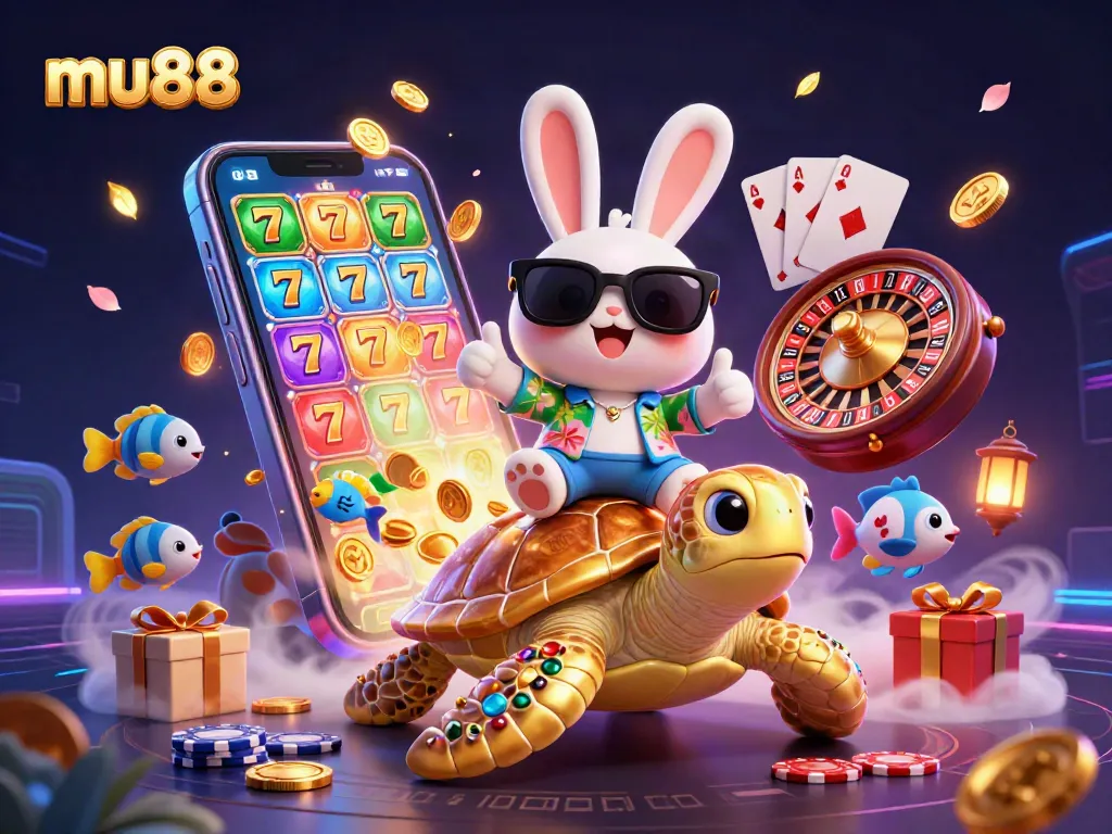 Play exciting games with mu88 while a lucky rabbit and a golden turtle celebrate wins together.