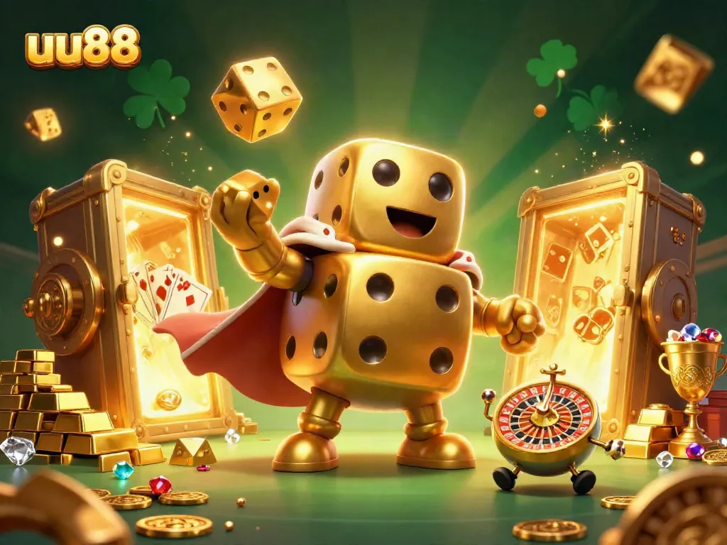 Roll the dice with uu88 in a vibrant casino scene full of gold treasures and engaging game elements.