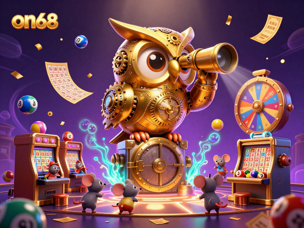 Play exciting games at on68 with a dazzling scene of a 3D owl scanning the casino floor.
