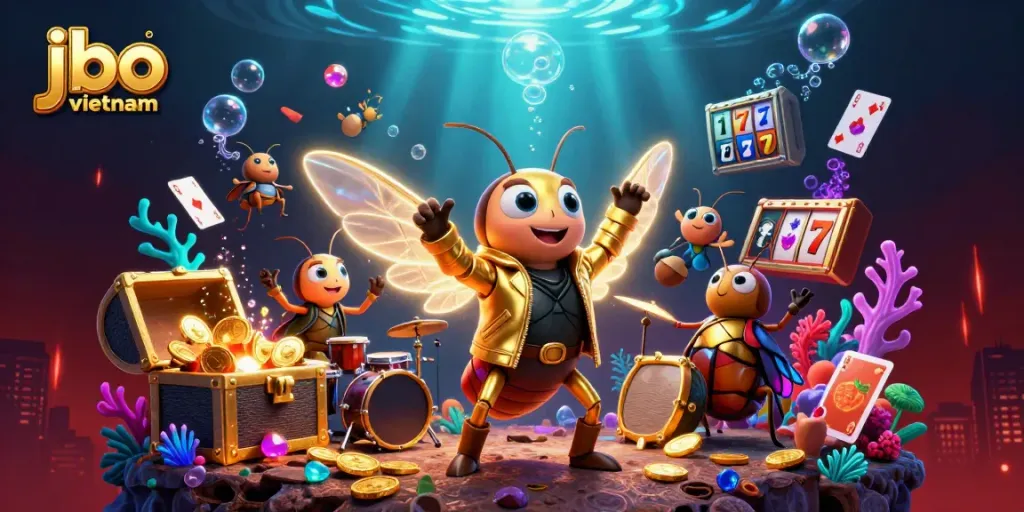 Spin and win with jbo vietnam in this dynamic casino-themed 3D illustration showcasing excitement and energy.