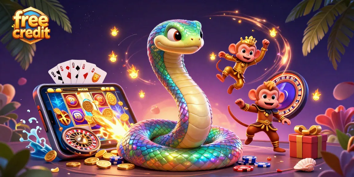Spin the reels with free credit bonuses in this vibrant casino scene featuring playful characters and games.