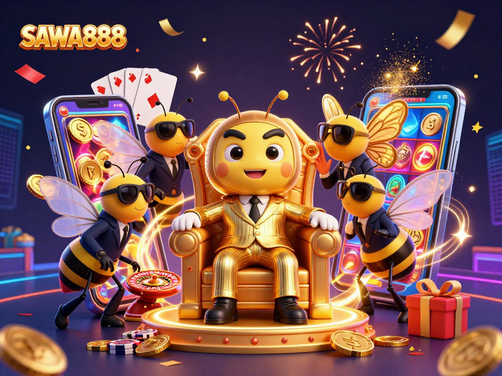 SAWA888 offers exciting slot games with a lively bumblebee mob boss in a golden throne surrounded by vibrant casino elements.