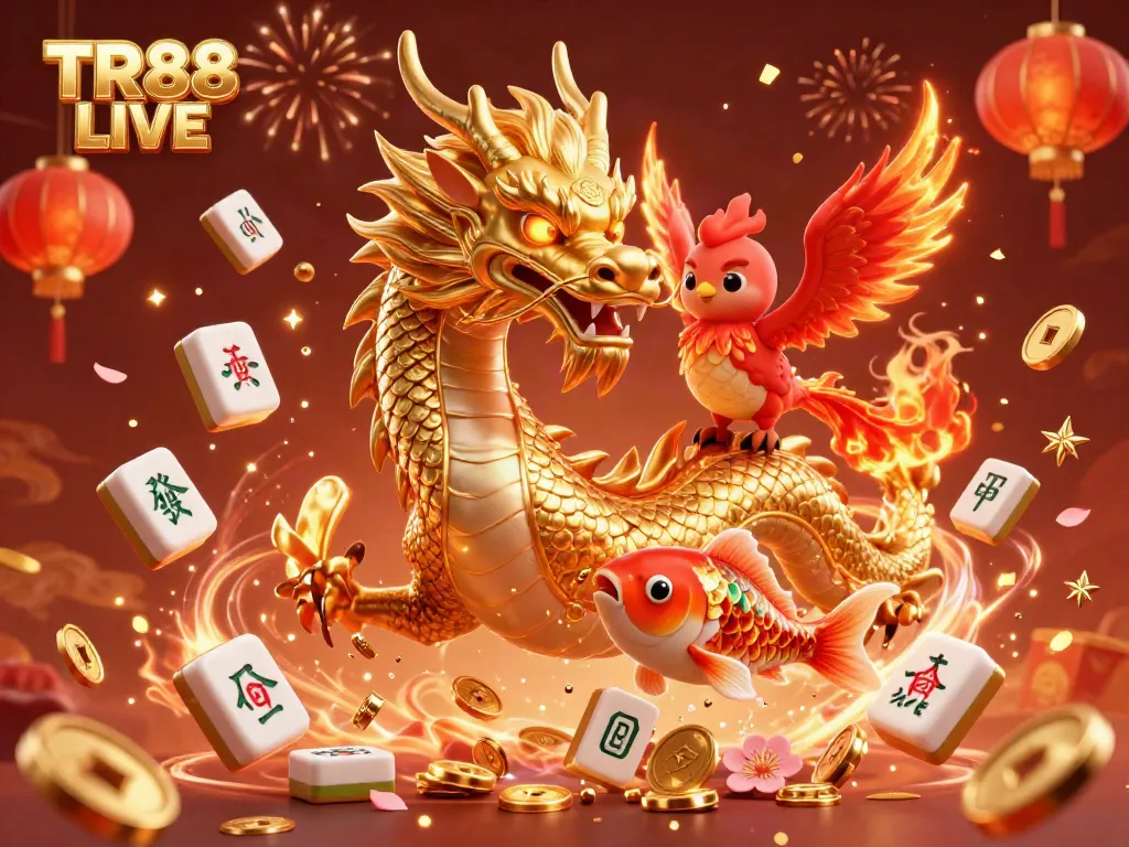 Experience the excitement of TR88 LIVE with a stunning dragon, phoenix, and koi fish in a vibrant casino scene.