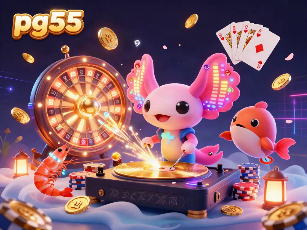Engage in thrilling games at pg55, featuring dynamic scenes of casino excitement with neon characters and vibrant elements.