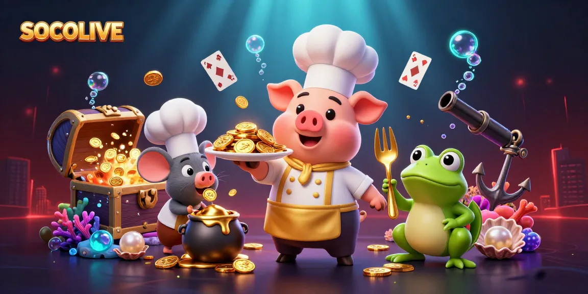 SOCOLIVE showcases a vibrant gambling scene with a chef pig serving gold coins, vibrant underwater elements, and dynamic gaming motifs.