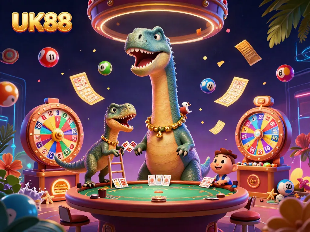 Engage in thrilling UK88 gaming with a giant brontosaurus at a bustling casino scene.