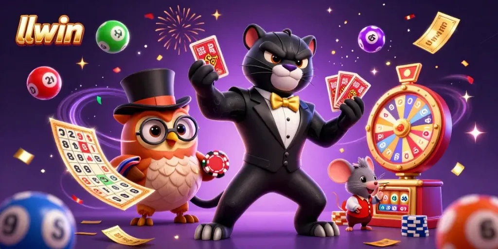 Experience the excitement of llwin with lively characters and colorful casino elements in a vibrant 3D scene.