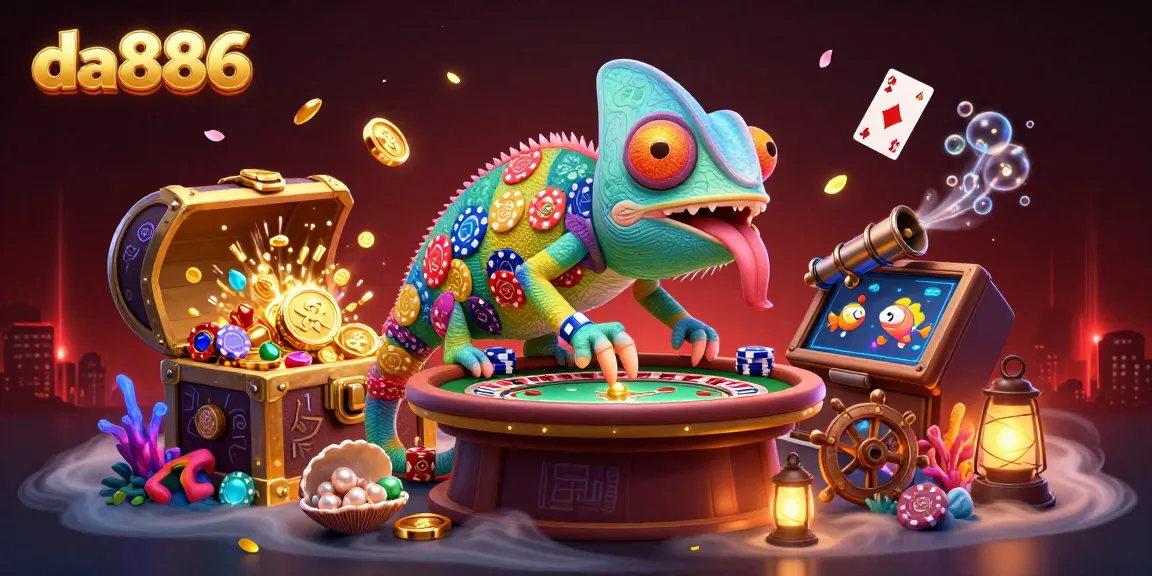 Experience thrilling gameplay at da886 with a vibrant chameleon casino scene showcasing colorful games.