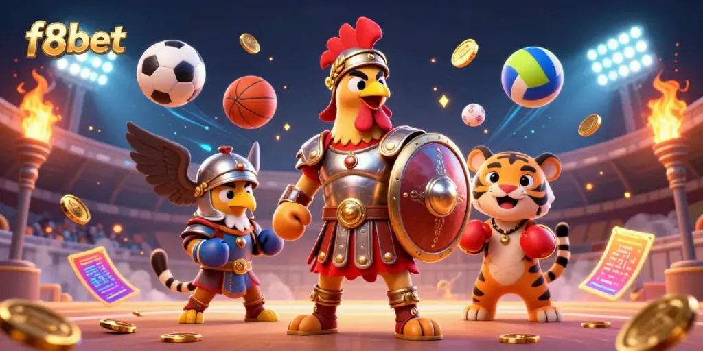 Experience thrilling f8bet gaming as a gladiator rooster faces challenges in a dynamic arena scene.