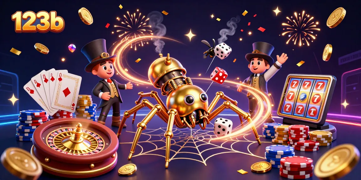 Engaging 123b online casino scene with a steampunk spider capturing dice, radiating gold and excitement.
