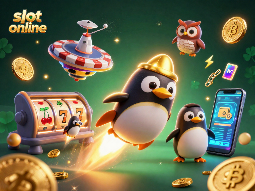 Mainkan slot online dengan penguin emas dan simbol keberuntungan yang berapi-api dalam latar luar angkasa.