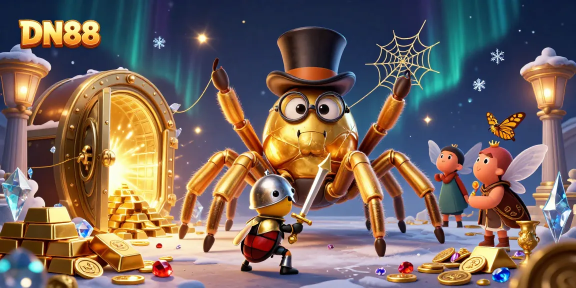 Experience thrilling gameplay at DN88 with a giant golden tarantula and beetle knight in a vibrant casino scene.