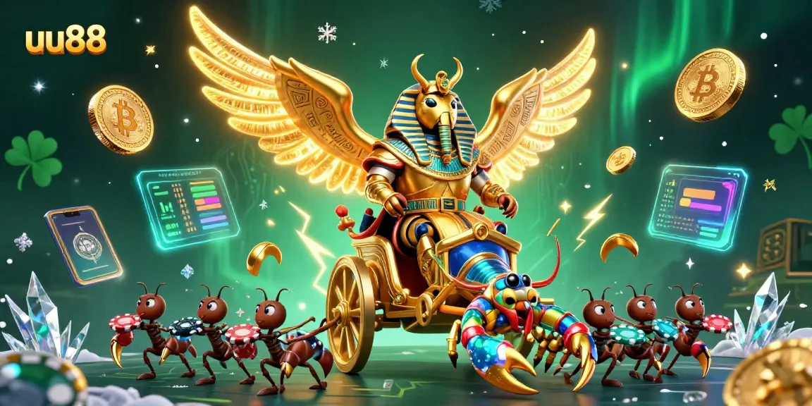 Spin the reels at uu88 with a vibrant 3D casino scene featuring a golden scarab and neon coins.