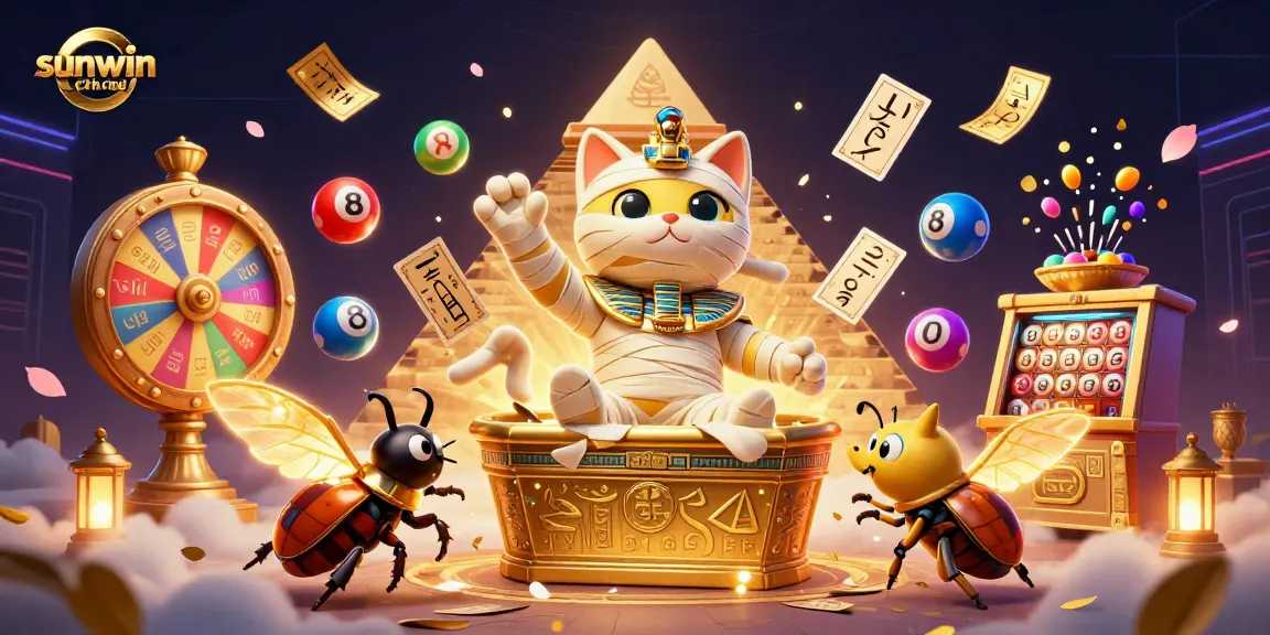 Engage with sunwin chính thức at a vibrant pyramid casino featuring a mummy cat and a scarab