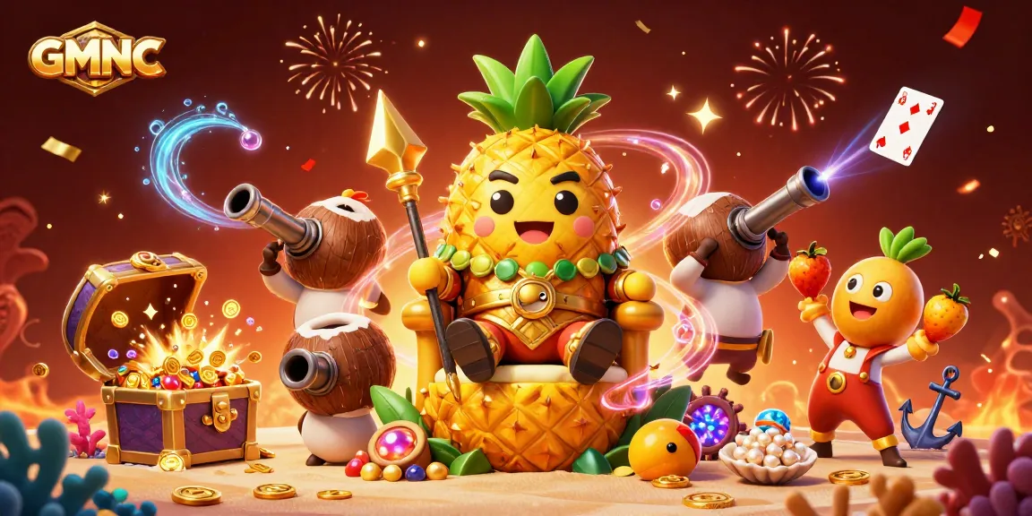 Experience GMNC's vibrant casino realm featuring a golden pineapple king and dynamic gaming elements.