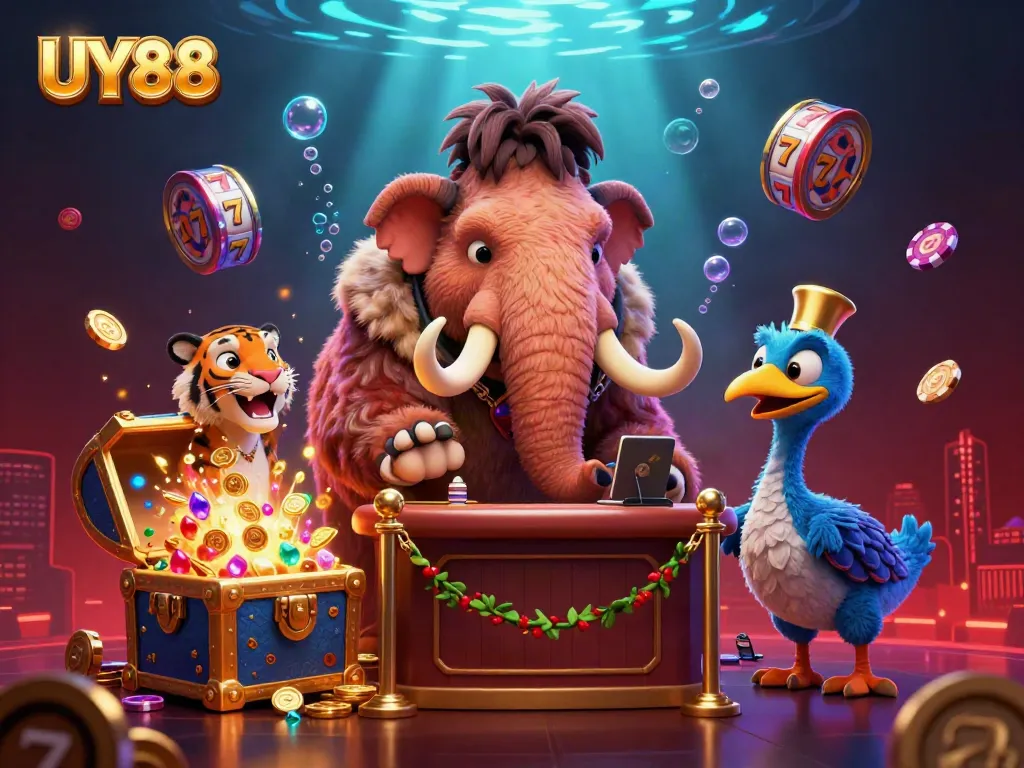 Experience thrilling gaming at UY88 with a vibrant casino scene featuring unique characters.