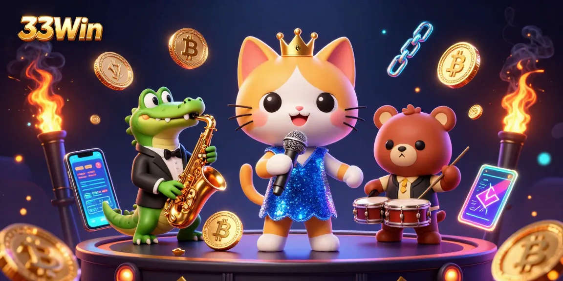 Experience the 33Win excitement with a lively casino scene featuring animated characters and vibrant crypto elements.