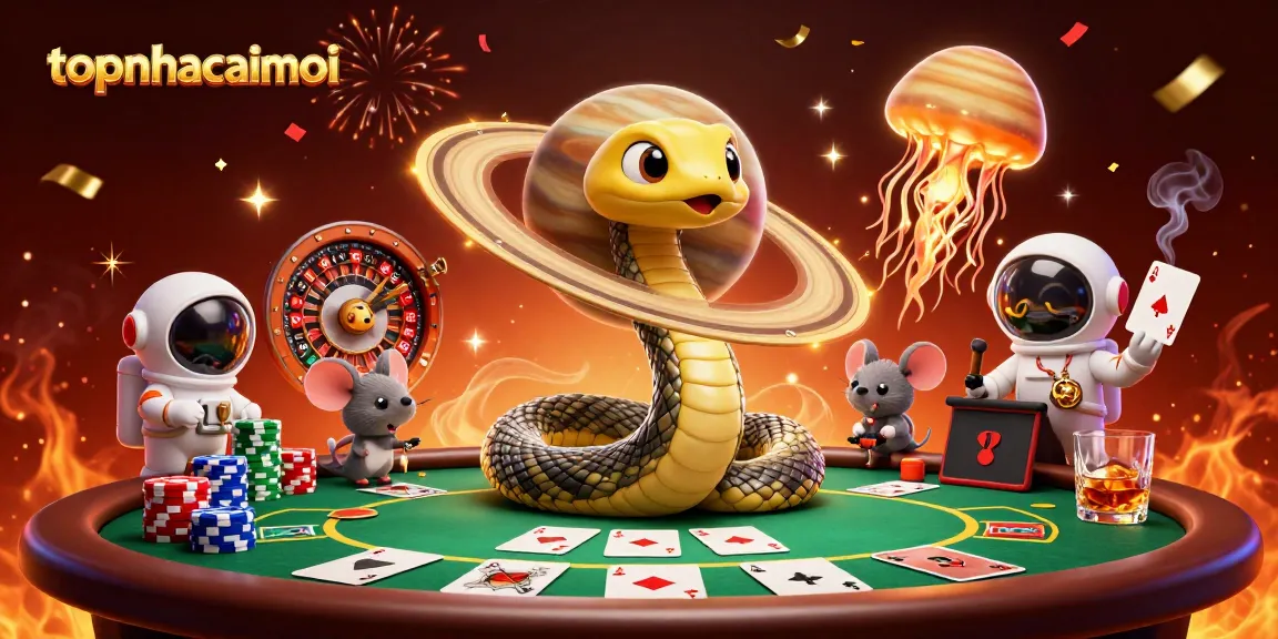 Experience the thrill of topnhacaimoi with a cosmic casino scene full of cartoon characters and gambling action.