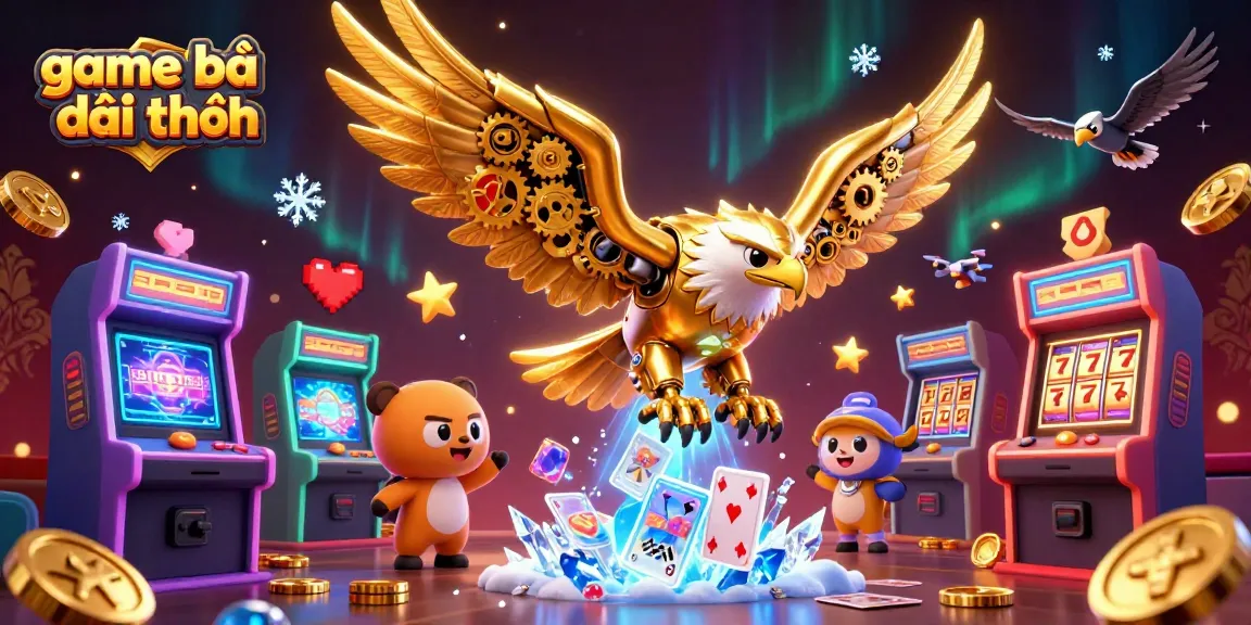 Experience game bài đổi thưởng with a 3D cybernetic eagle diving through holographic cards amidst casino elements.