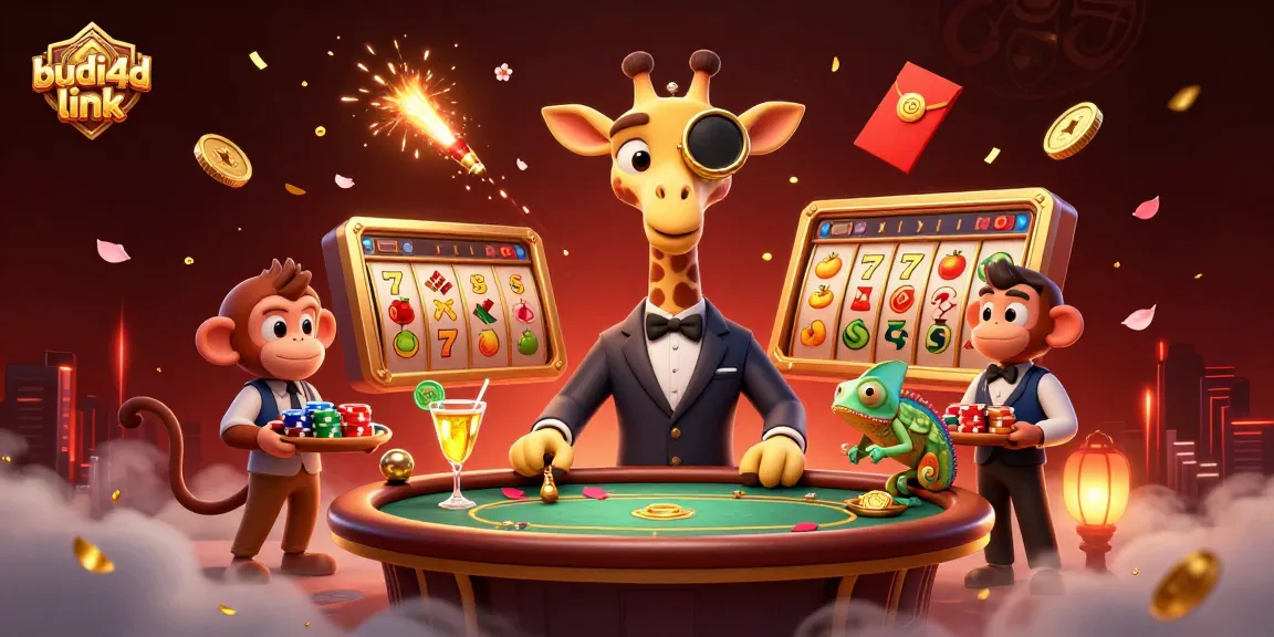 Experience the thrilling budi4d link scene with a high-roller giraffe and dynamic casino elements in action.